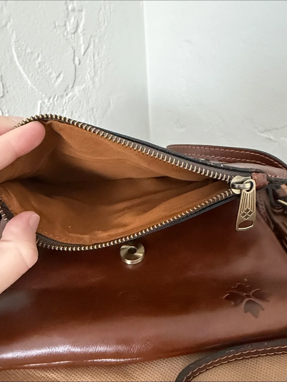 Patricia Nash Chestnut Brown Leather Messenger Bag with Tassel